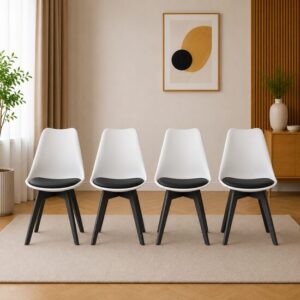 Set 4 scaune living/bucatarie, PP alb, picioare negre, perna piele, 82 cm