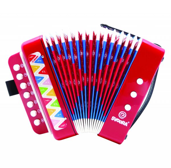 Acordeon de jucărie roșu cu 14 note și mâner cu curea, Svoora