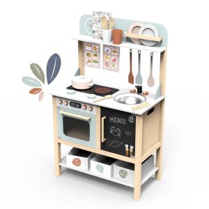 Bucătărie din lemn pentru copii, cu aragaz, cuptor și 20 de accesorii, Speedy Monkey