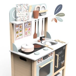 Bucătărie din lemn pentru copii, cu aragaz, cuptor și 20 de accesorii, Speedy Monkey