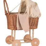 Cărucior retro din nuiele pentru păpuși, cu coviltir și roți din lemn, Egmont Toys