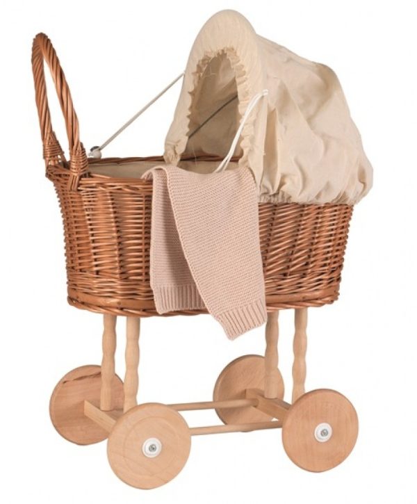 Cărucior retro din nuiele pentru păpuși, cu coviltir și roți din lemn, Egmont Toys