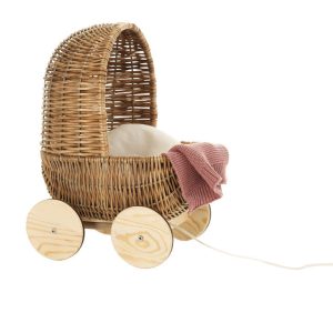 Cărucior retro din răchită pentru păpuși, cu pernă, saltea și păturică, Egmont Toys