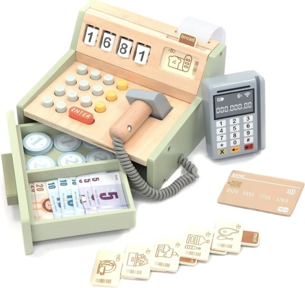 Casă de marcat din lemn, cu scaner, POS și sertar pentru bani, 35 de piese, UMU Toys