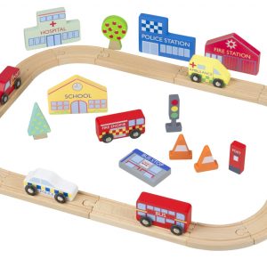 Circuit din lemn cu vehicule utilitare, clădiri și accesorii de oraș, Orange Tree Toys