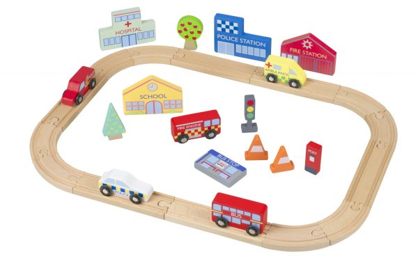 Circuit din lemn cu vehicule utilitare, clădiri și accesorii de oraș, Orange Tree Toys