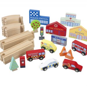 Circuit din lemn cu vehicule utilitare, clădiri și accesorii de oraș, Orange Tree Toys