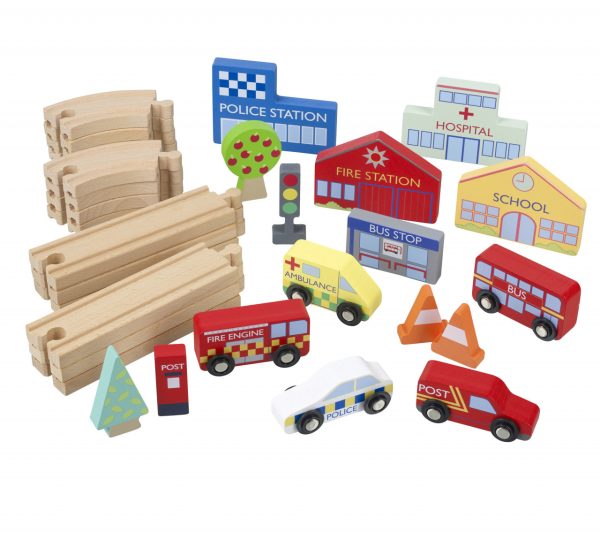 Circuit din lemn cu vehicule utilitare, clădiri și accesorii de oraș, Orange Tree Toys