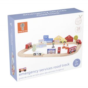 Circuit din lemn cu vehicule utilitare, clădiri și accesorii de oraș, Orange Tree Toys