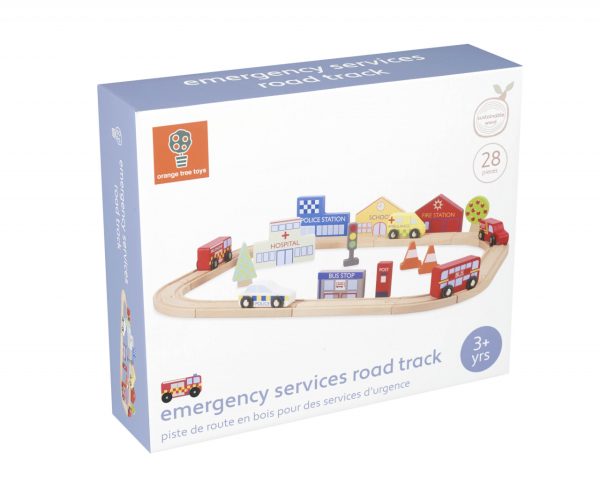 Circuit din lemn cu vehicule utilitare, clădiri și accesorii de oraș, Orange Tree Toys