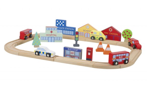 Circuit din lemn cu vehicule utilitare, clădiri și accesorii de oraș, Orange Tree Toys