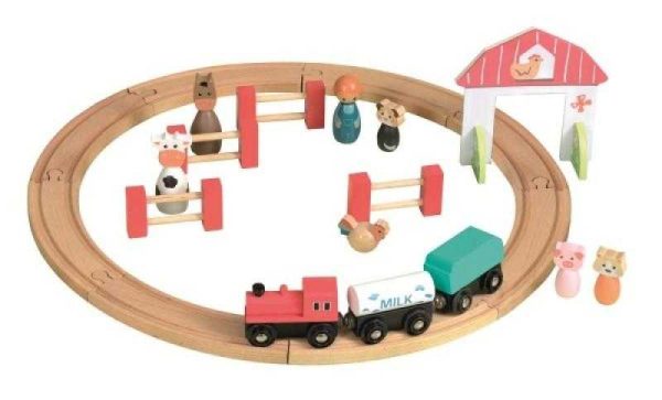 Circuit rotund de tren din lemn, cu vagoane magnetice și figurine, Egmont Toys