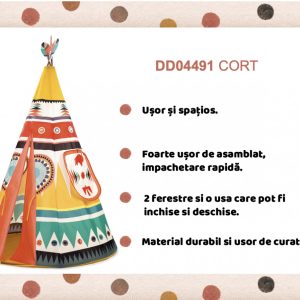 Cort tip indian Teepee pentru copii, cu ferestre și ușă, Djeco