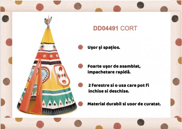 Cort tip indian Teepee pentru copii, cu ferestre și ușă, Djeco