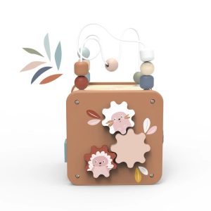 Cub educativ din lemn 5 în 1, cu sortator, puzzle și labirint, Speedy Monkey