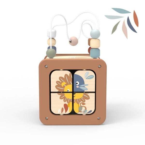 Cub educativ din lemn 5 în 1, cu sortator, puzzle și labirint, Speedy Monkey