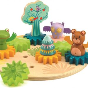 Joc cu roți dințate pe tablă de lemn, cu animale din pădure, Djeco