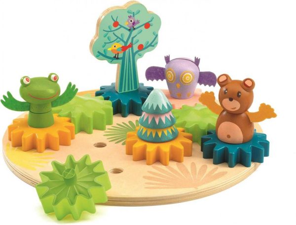 Joc cu roți dințate pe tablă de lemn, cu animale din pădure, Djeco