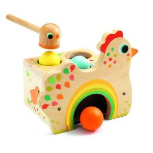 Joc de ciocănit din lemn, cutie în formă de găină, cu 3 bile și ciocan, Djeco