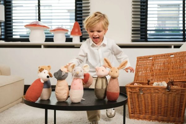 Joc de popice din textil moale, cu 5 personaje și minge, Egmont Toys