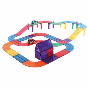 Joc magnetic cu traseu de curse și mașinuță care merge singură, 65 de piese, Cleverclixx