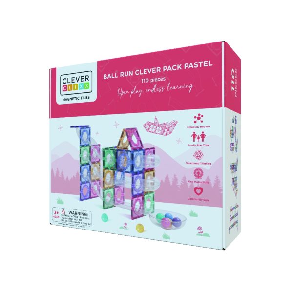 Joc magnetic de construcție cu circuit pentru bile, 110 piese pastel, Cleverclixx