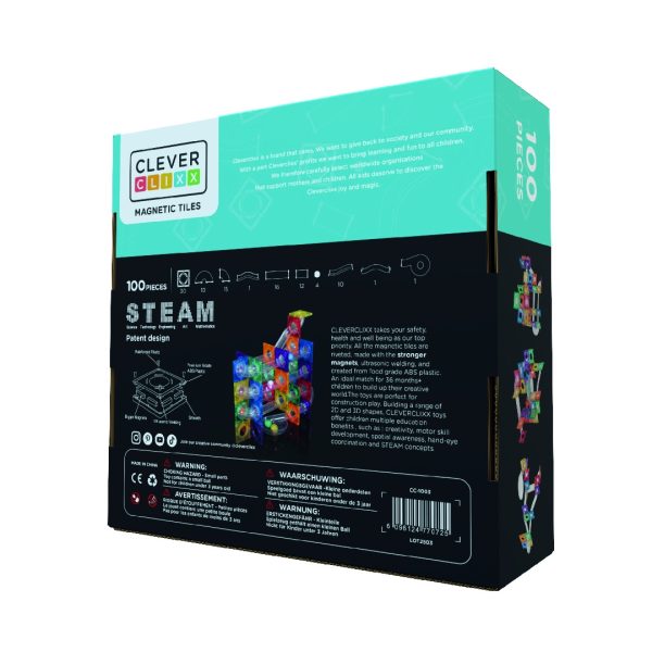 Joc magnetic de construcție cu circuit și bile luminoase, 100 de piese, Cleverclixx