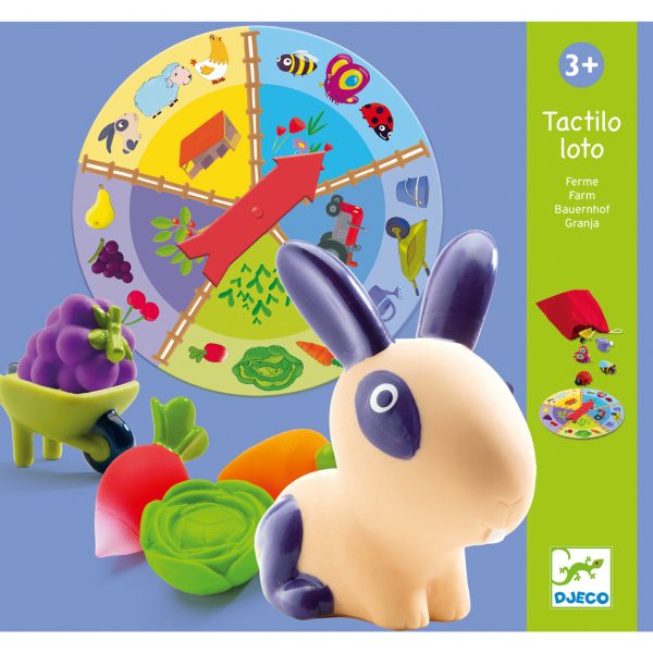 Joc tactil de loto cu figurine moi și ruletă, tema fermă, Djeco