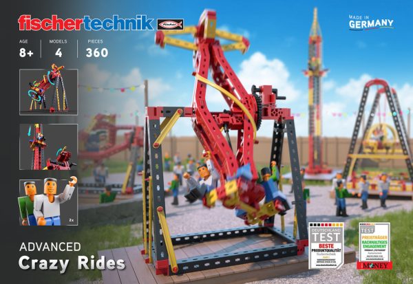Kit STEM de construcție cu 4 atracții de parc de distracții, 360 de piese, Fischertechnik