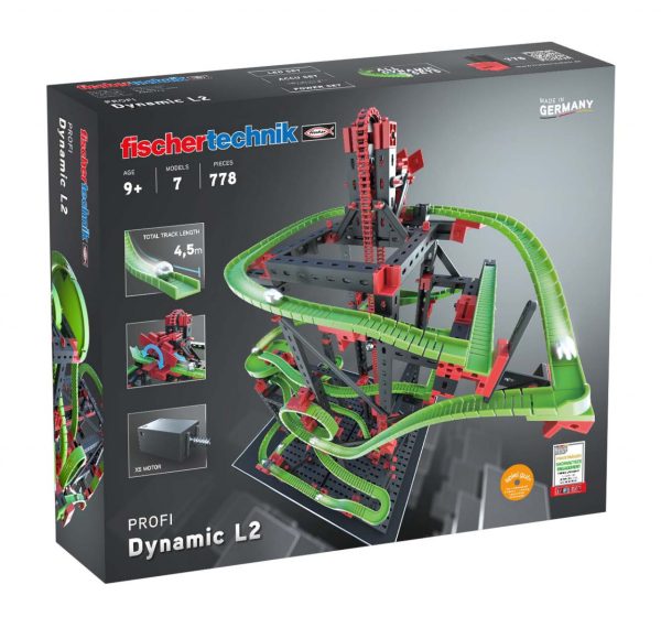 Kit STEM de construcție, cursă cu bilă metalică Dynamic L2, 780 de piese, Fischertechnik