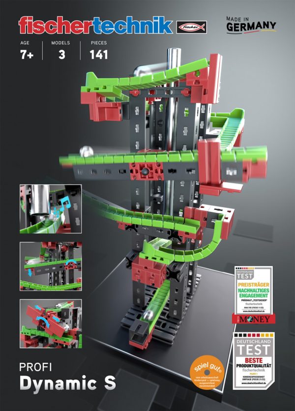 Kit STEM de construcție, cursă cu bilă metalică Dynamic S, 140 de piese, Fischertechnik