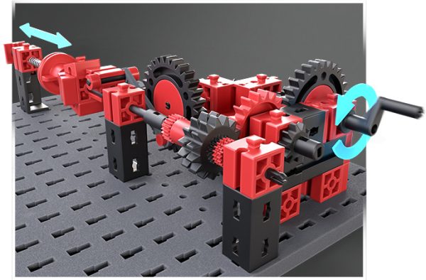 Kit STEM de construcție despre mecanică, cu 12 modele și 243 de piese, Fischertechnik