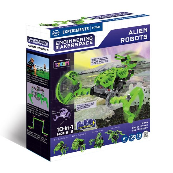 Kit STEM pentru construit 10 roboți extratereștri, cu motor, 138 de piese, Gigo Toys