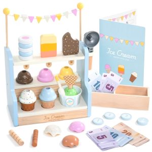 Magazin de înghețată de jucărie din lemn, cu stand și accesorii, UMU Toys