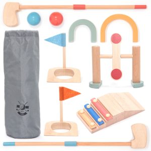 Mini golf din lemn, cu husă textilă și 10 accesorii, UMU Toys