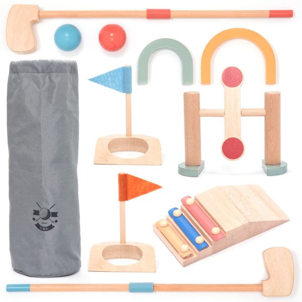 Mini golf din lemn, cu husă textilă și 10 accesorii, UMU Toys