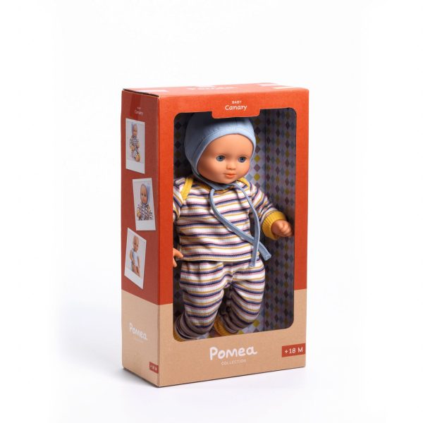 Păpușă bebeluș Canary, cu hanorac în dungi, pantaloni și bonetă, Djeco