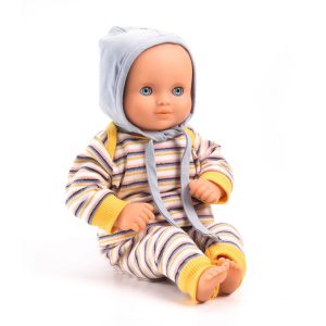 Păpușă bebeluș Canary, cu hanorac în dungi, pantaloni și bonetă, Djeco