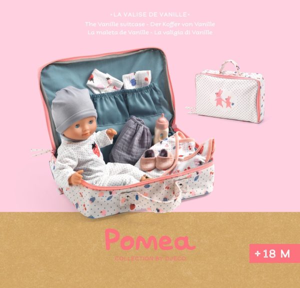 Păpușă bebeluș Vanille în valiză, cu pijama, biberon și alte accesorii, Djeco