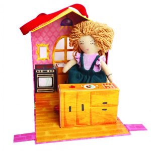 Păpușă de textil Anna cu casă de păpuși din carton și 5 blocuri-mobilier, Svoora