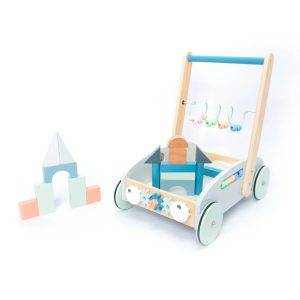 Premergător din lemn 5 în 1, cu centru de activități, albastru, UMU Toys