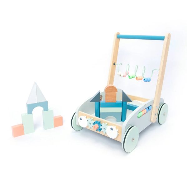 Premergător din lemn 5 în 1, cu centru de activități, albastru, UMU Toys