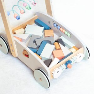 Premergător din lemn 5 în 1, cu centru de activități, albastru, UMU Toys
