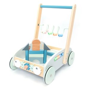 Premergător din lemn 5 în 1, cu centru de activități, albastru, UMU Toys