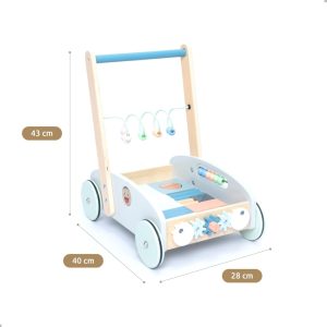 Premergător din lemn 5 în 1, cu centru de activități, albastru, UMU Toys