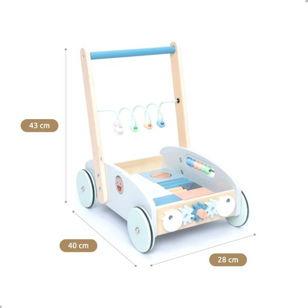 Premergător din lemn 5 în 1, cu centru de activități, albastru, UMU Toys