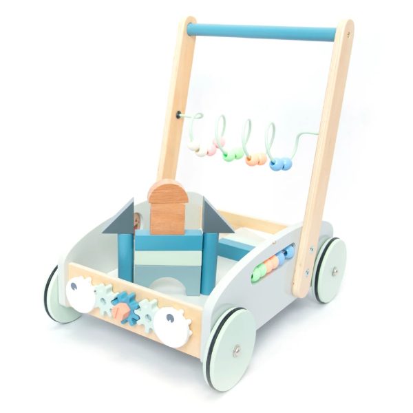 Premergător din lemn 5 în 1, cu centru de activități, albastru, UMU Toys