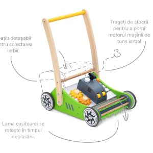 Premergător din lemn în formă de mașină de tuns iarba, cu activități, UMU Toys