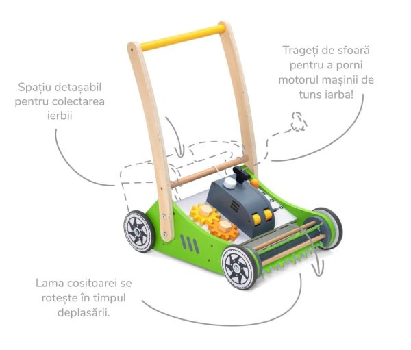 Premergător din lemn în formă de mașină de tuns iarba, cu activități, UMU Toys