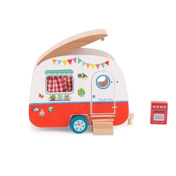 Rulota familiei din lemn, cu mobilier și acoperiș detașabil, Moulin Roty